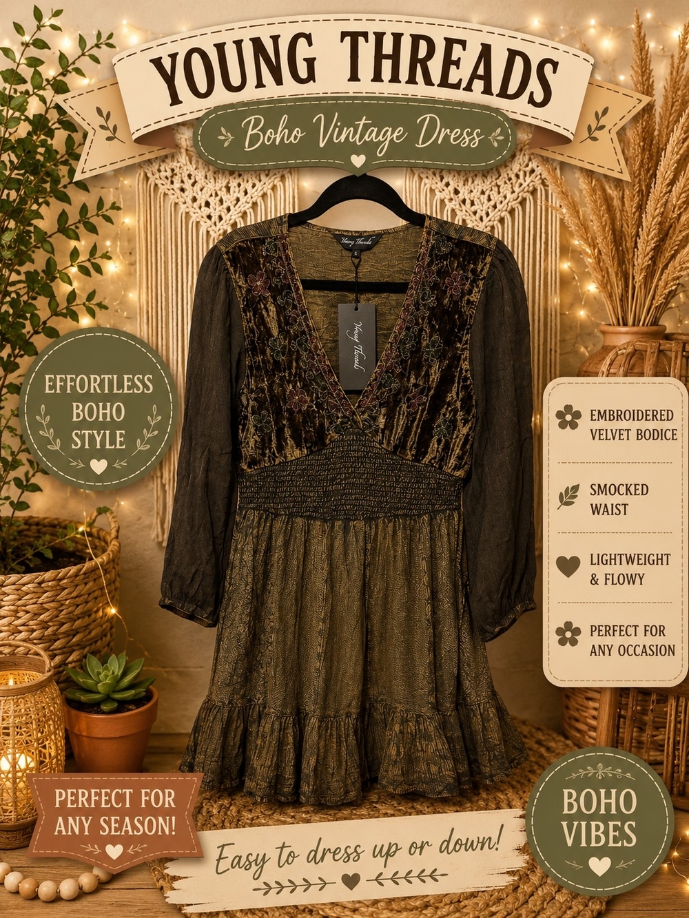 188 Young Threads Brown Boho Long Sleeve Dress